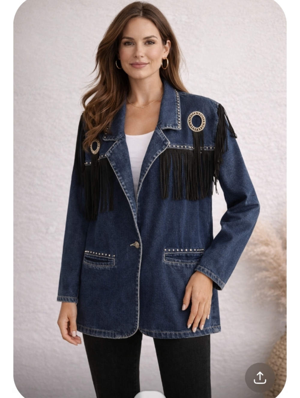 Next Move Western Denim Jacket Blazer Fringe Studded Blue Size L